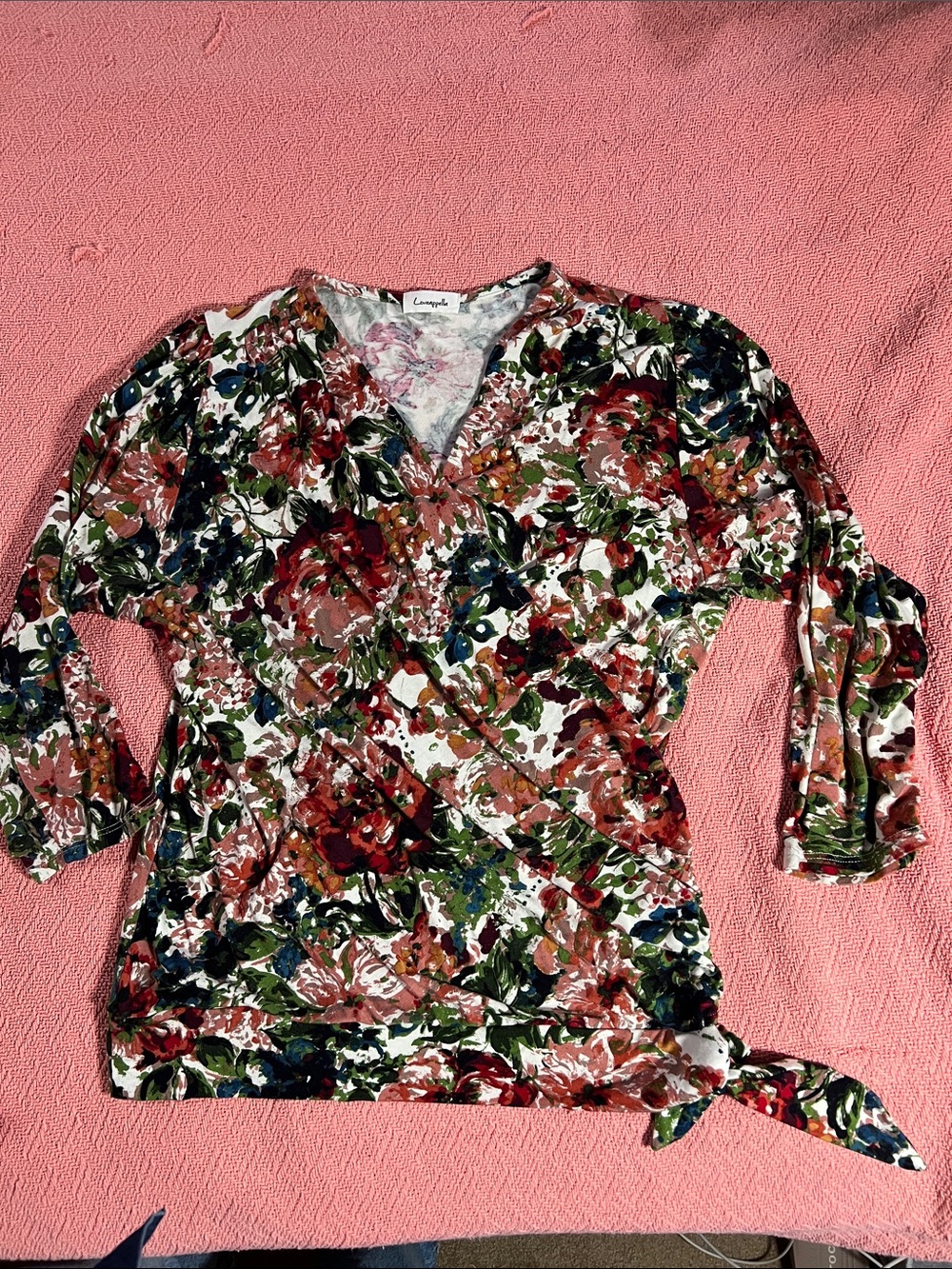 Loveappella Floral Wrap Tie-Front Blouse in Multi-Color